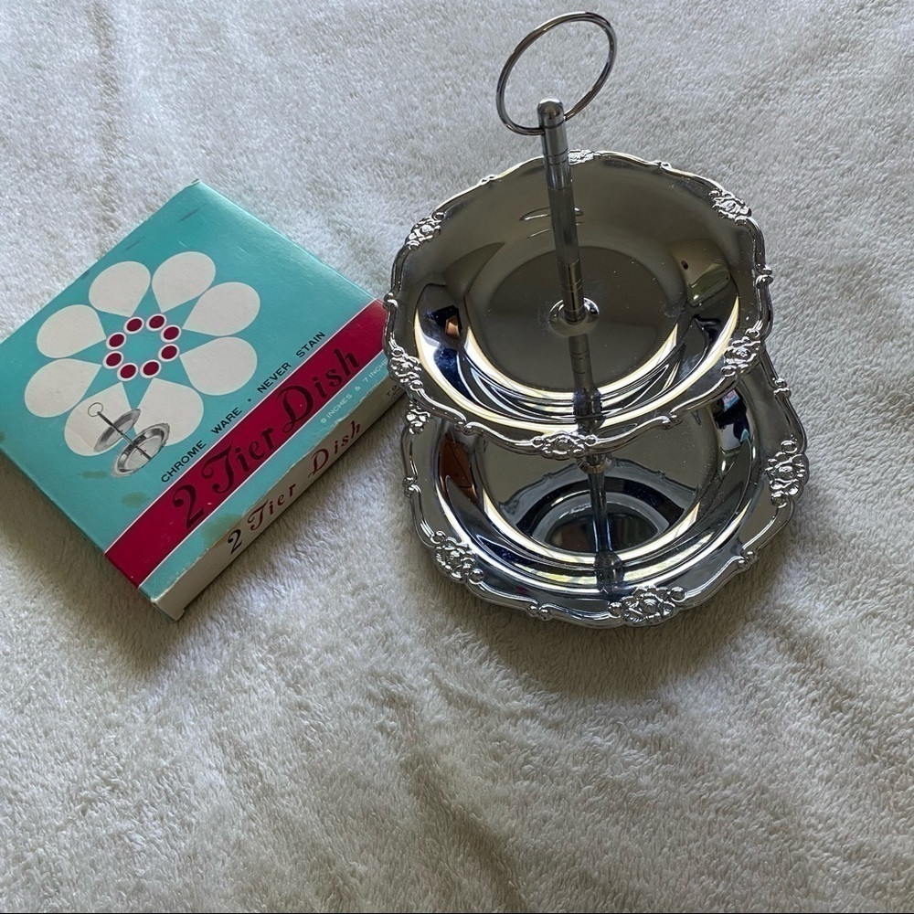 Vintage Chrome Ware 2 tier dish rose motif silver mid century modern​​​​​​